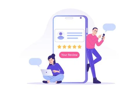 Customer review or feedback concept. Young people giving five star feedback a Stock Illustration