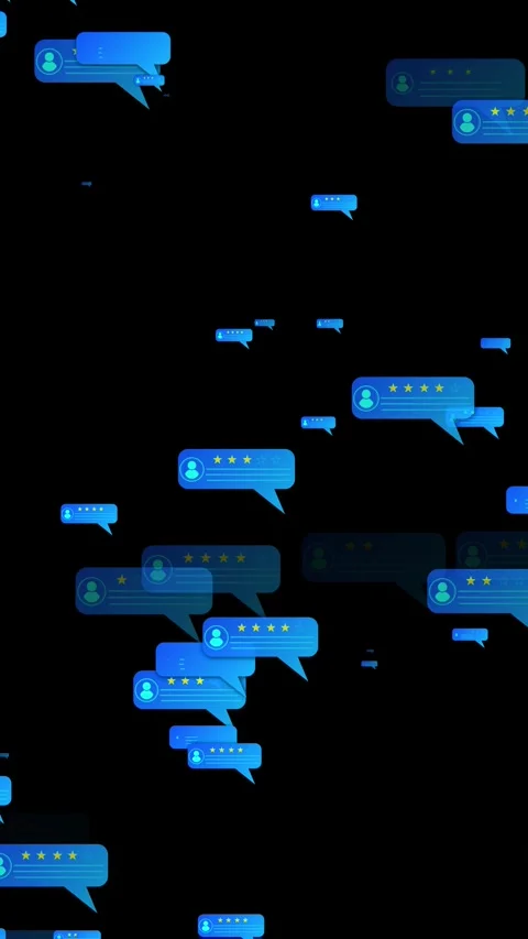 Customer review rating bubble floating blue chat cards, star feedback icons, bla Stock Footage 340576671