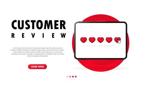 Customer review on tablet banner. Users feedback. UI design. Vector on isolat Stock Illustration