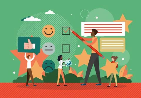 Customer reviews concept flat vector illustration. Client feedback on electronic Stock Illustration