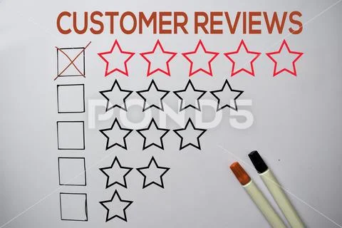 Customer Reviews Give Rating Five Stars text Stock Photos