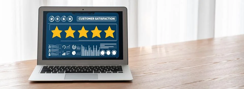 Customer satisfaction and evaluation analysis on modish software computer Stock-Fotos
