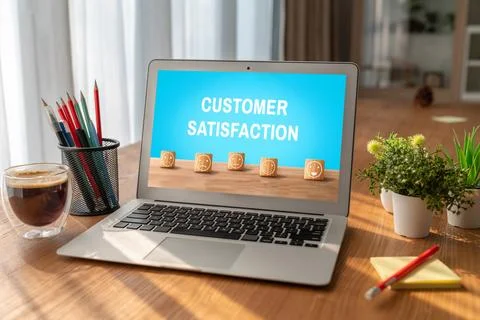 Customer satisfaction and evaluation analysis on modish software computer Foto stock