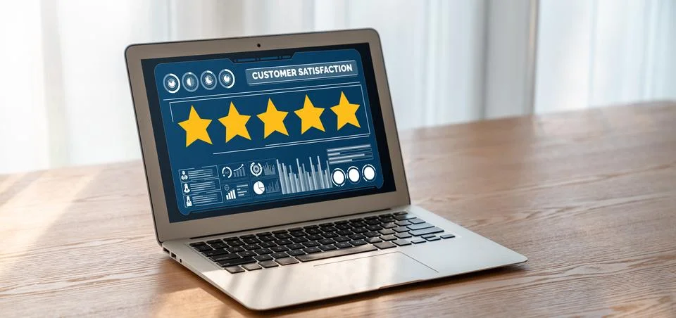 Customer satisfaction and evaluation analysis on modish software computer Foto stock