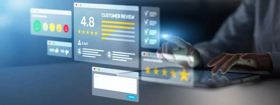 Customer Satisfaction and Feedback Analysis Interface with Rating and Review  Stock Photos