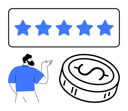 Customer satisfaction concept with thumbs up, five-star rating, and dollar .. Illustrazione stock
