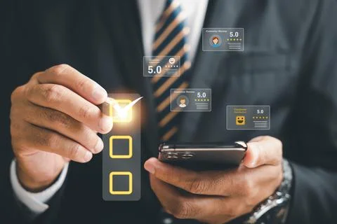 Customer satisfaction feedback shows a user experience review survey on an .. Stock Photos