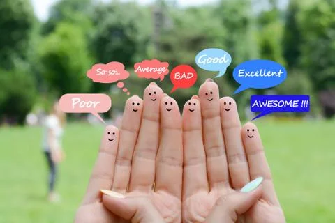 Customer satisfaction scale and testimonials concept with happy human fingers Fotos Stock