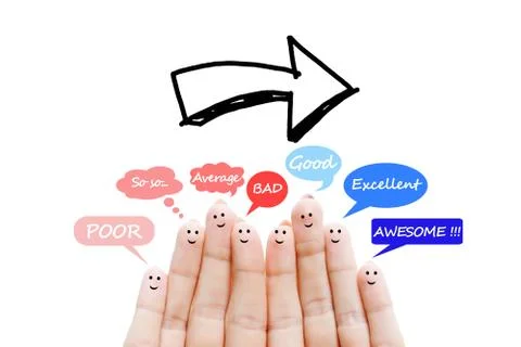 Customer satisfaction scale and testimonials concept with happy human fingers Stock-Fotos