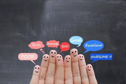 Customer satisfaction scale and testimonials concept with happy human fingers Stock-Fotos
