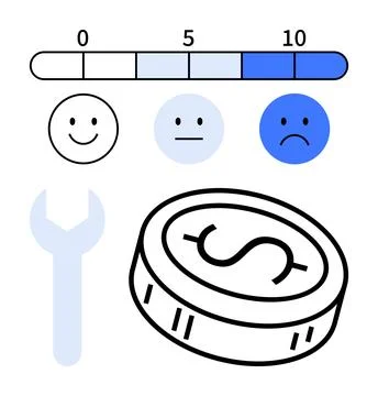 Customer Satisfaction Scale with Emoticons and Financial Elements Highlight.. Stock Illustration