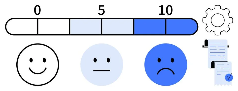 Customer Satisfaction Scale with Smiley Face Indicators and Associated Settin Stock Illustration