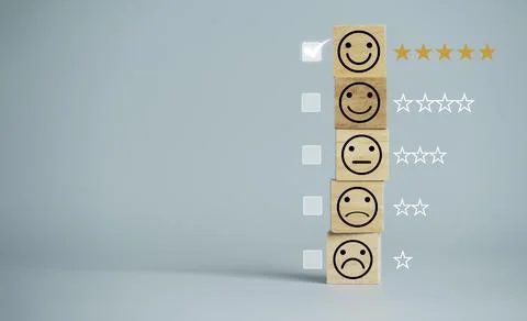 Customer satisfaction survey concept, human face icons print screen on wooden Stock Photos