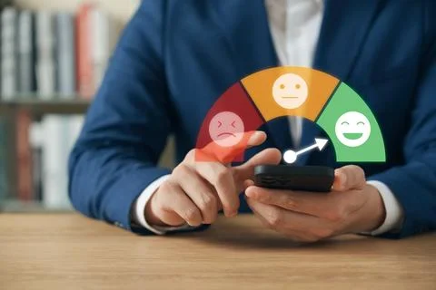 Customer Satisfaction Survey Concept, Users Rate Service Experiences On Onl.. Stock Photos