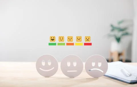 Customer satisfaction survey displays multiple face icons and colorful emoj.. Stock Photos