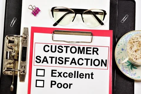 Customer satisfaction. A text label in the research notebook. Foto stock