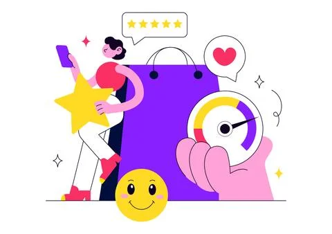 Customer Satisfaction Vector Illustration Featuring Customer Feedback, Five.. Illustrazione stock