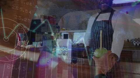 Customer scanning QR code for payment transparent finance charts animating Stock Footage 311141656