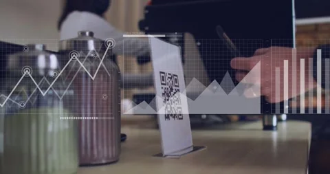 Customer scanning QR stand, line graph shifting into bar chart and world map Stock Footage 318475761