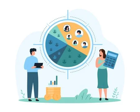 Customer segment analysis of marketing research, tiny people analyze segment of 스톡 일러스트