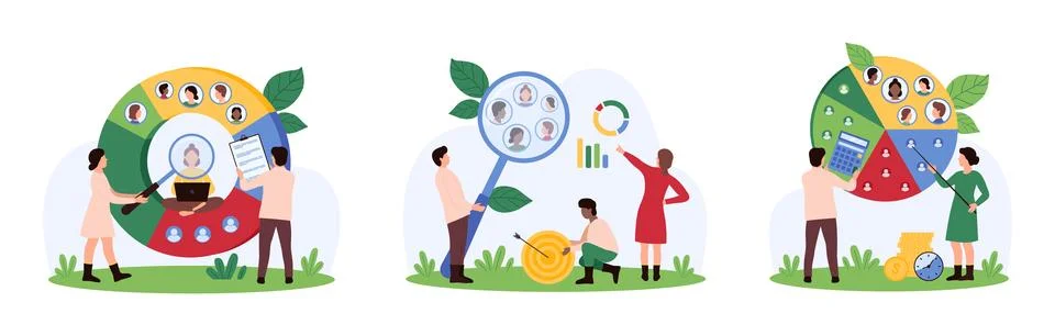Customer segment analysis set, tiny people with magnifying glass and calculator Illustrazione stock
