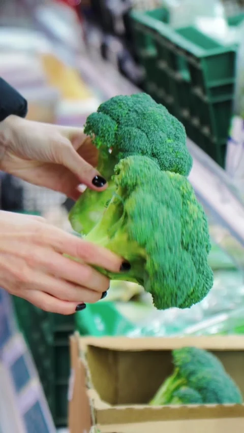Customer selecting fresh raw broccoli stalks from retail grocery store prod.. Stock Footage 348419882