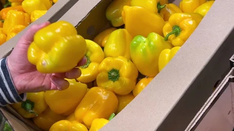 A customer selects and picks up a round sweet pepper from a cardboard box. Stock-Footage 318612284