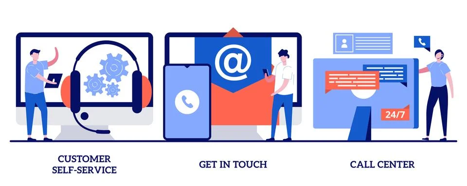 Customer self-service, get in touch, call center concept with tiny people. .. Stock Illustration