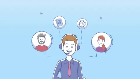 Customer service agent with headset communicating with clients in animated .. Video stock 339215569
