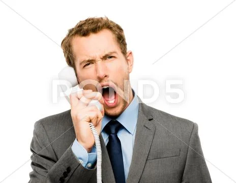 Customer service agent shouting phone white background Stock Photos
