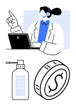 Customer service agent wearing a headset uses a laptop, accompanied by a medi Stock Illustration