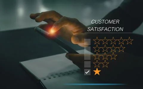 Customer service and Satisfaction concept, people touching on-screen smartpho Stock Photos