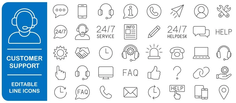 Customer Service and Support Editable stroke line icon set. Outline Icons Stock Illustration