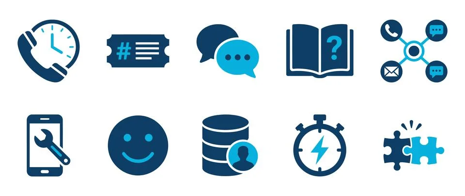 Customer service and technical support icon set. Featuring help desk, chat,.. Stock Illustration