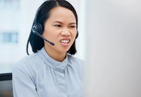 Customer service communication, computer problem and woman telemarketing on Stock Photos