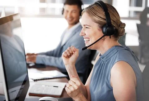 Customer service computer, consulting or happy woman celebrate telemarketing on Stock Photos
