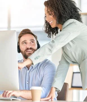 Customer service computer, diversity or mentor coaching onboarding consultant on Stock Photos