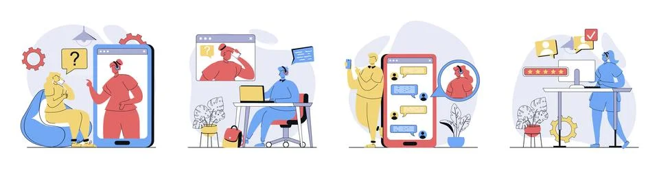 Customer service concept set in flat design for web. Collection with people.. Stock Illustration