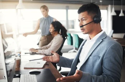 Customer service consulting, computer problem and man telemarketing with contact Stock Photos