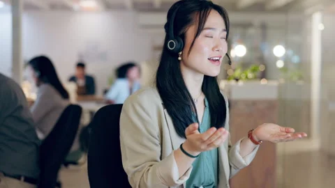 Customer service conversation, computer or happy Asian woman consulting in Stock Footage 245437207