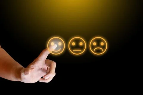 Customer service experience concept. Customer touching on the happy Smiley .. Stock Photos