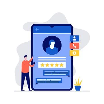 Customer service feedback concept with character standing near big smartpho.. Stock-Illustration