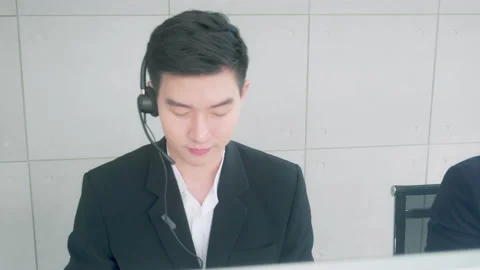 Customer service with friendly, man and woman call center and operator for su Stock Footage 130542387