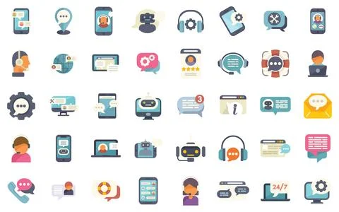 Customer service icon set featuring chatbots, live support agents, and Illustrazione stock