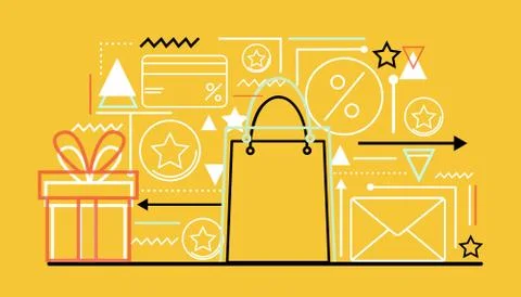 Customer service. Loyalty gift program items on orange background, linear vector Stock Illustration