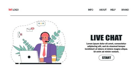 Customer service, man sitting at table with a laptop, with headphones and a m Stock Illustration