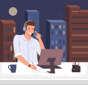 Customer service operator on background of night city. Dispatcher or support Stock Illustration