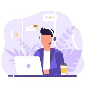 Customer service, operator man sitting at table with a laptop, with headphone Stock Illustration