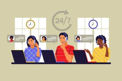 Customer service operators concept. Consulting clients 24 for 7. Virtual call Ilustração Stock