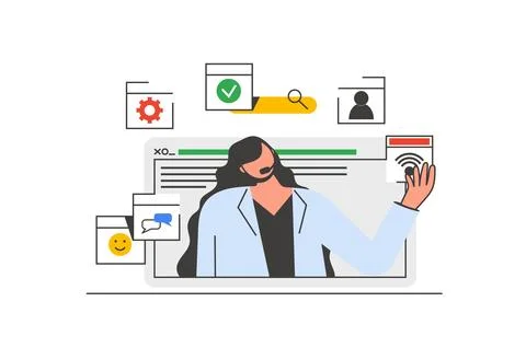 Customer service outline web concept with character scene. Woman consulting.. Stock Illustration